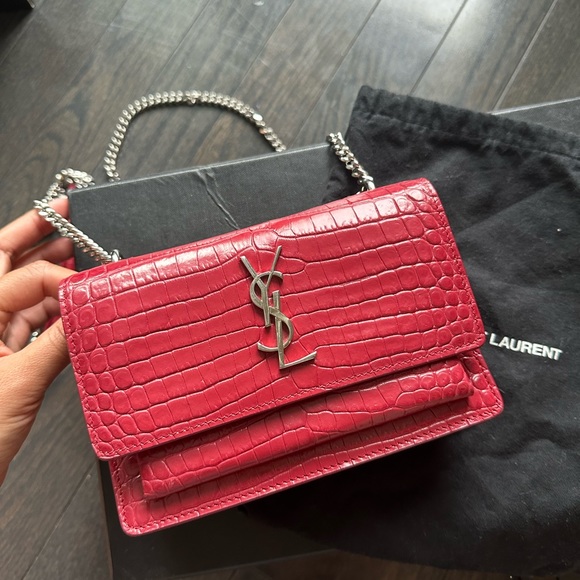Saint Laurent YSL Crocodile Leather Sunset Shoulder Bag w/ a Strap (Pink/Silver) - Picture 2 of 13